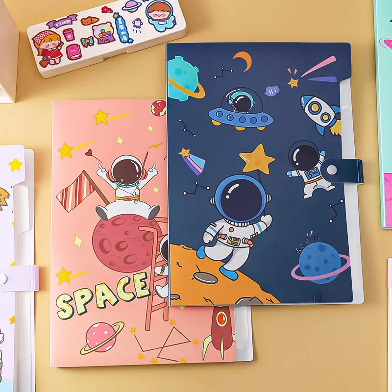 Cartoon Astronaut Organ Package 6-Grid File Folder Student A4 Paper Sorting Storage Folder Stationey Office Supply