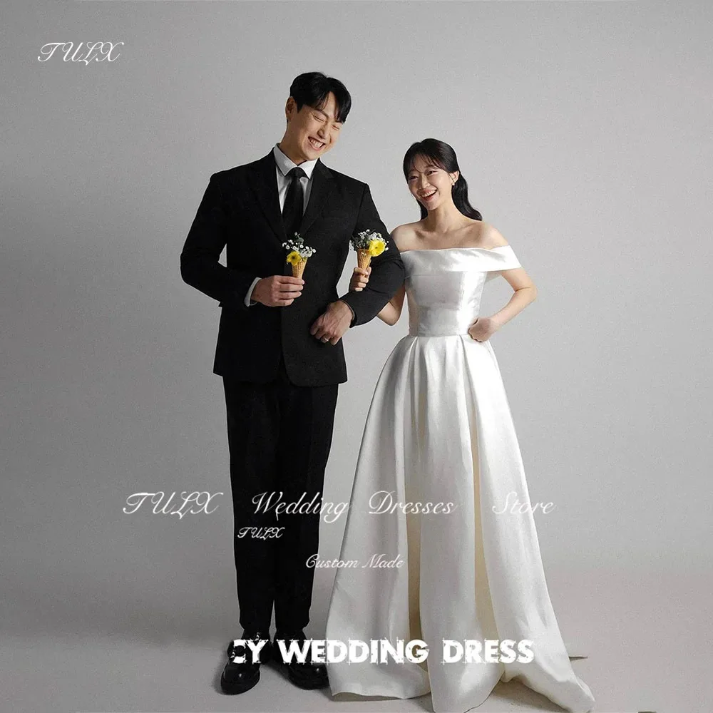 

TULX Elegant Ivory Off Shoulder Wedding Dress Korea Women Photo Shoot A Line Satin Bridal Gown 웨딩드레스 Corset Back Custom Made