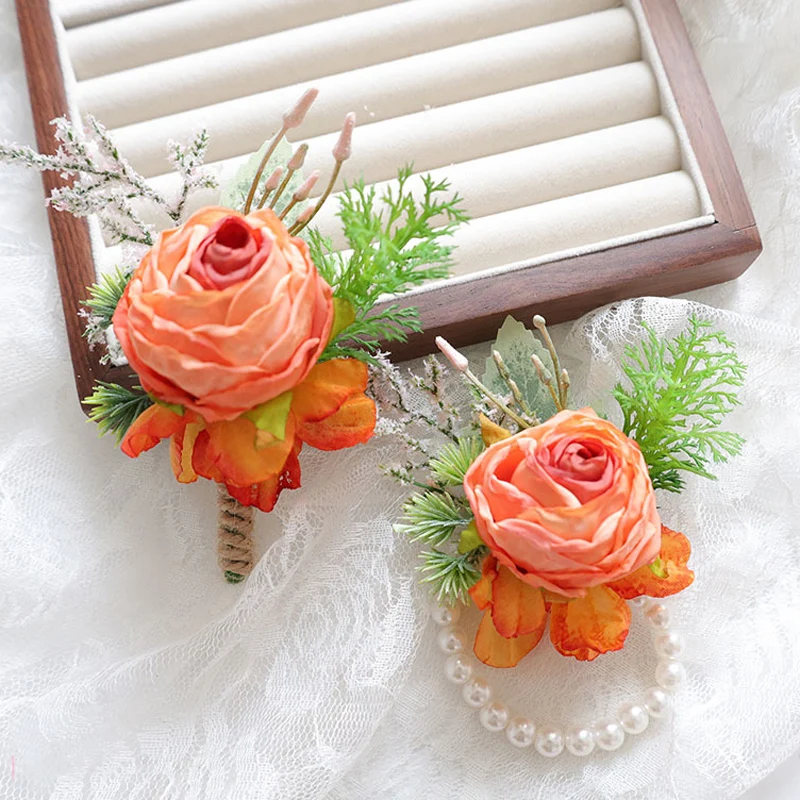 

Deep Orange artificial Bohemian Rose Flower Corsage & Wristlet Set - Perfect for Brides, Groomsmen and Wedding Decorations 25044