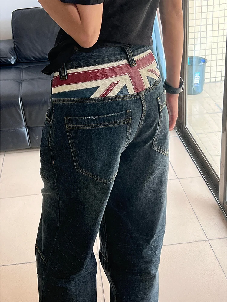 plus Size American Retro Color Block British Flag Denim Pants Women Loose Wide Leg Jeans High Waist Straight Cut Daily Wear