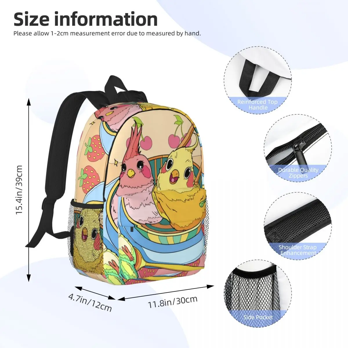 Birds Cockatiel Budgie Parrot Backpack Daypack Large Capacity Boys Girls BookBag Shoulder Bags for Men Women Children School Bag