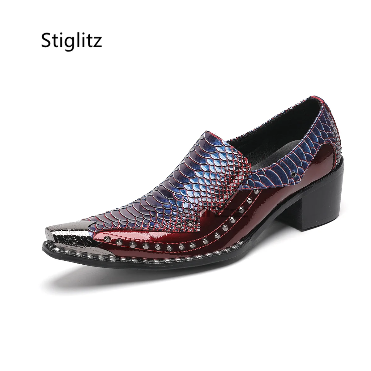 

Rivets Genuine Leather Wedding Shoes for Men Alligator Grain Metal Pointed Toe Business Dress Shoes High Heels Luxury Male Shoes