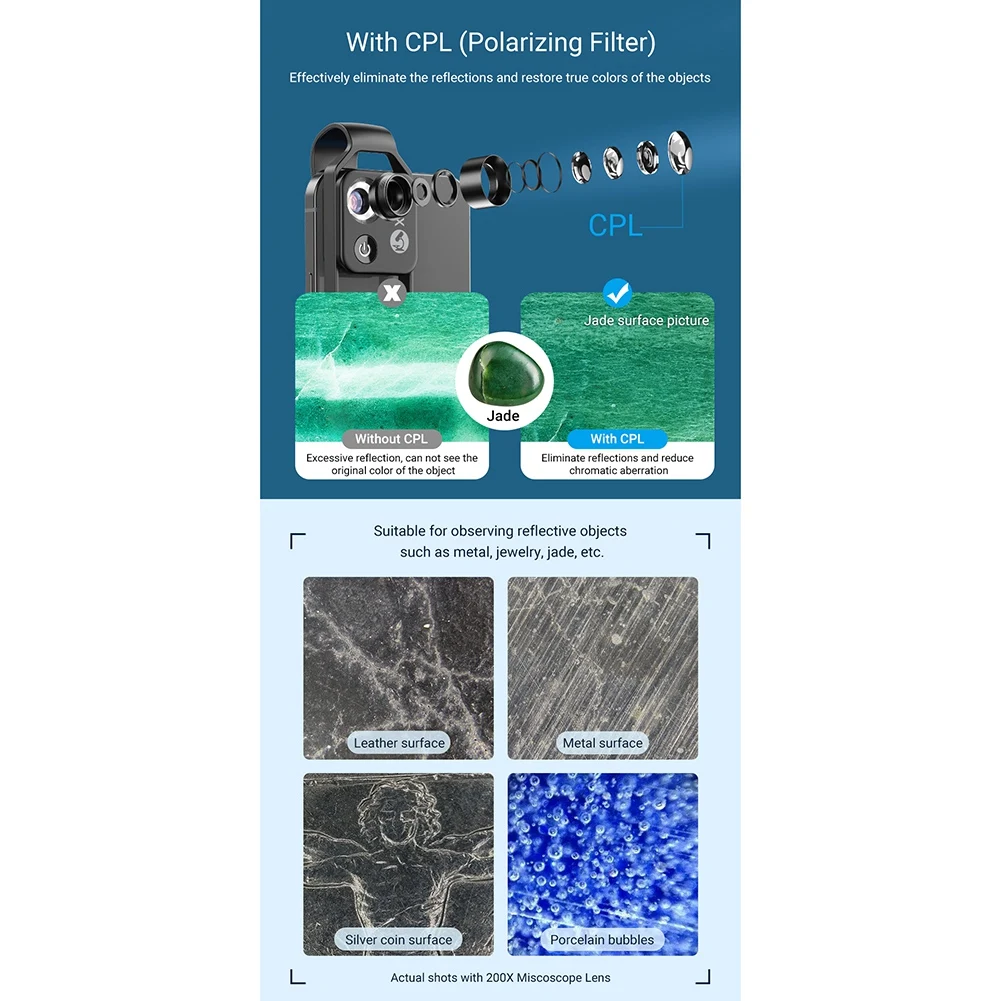 APEXEL-Lentille de microscope à grossissement 200X, mini lentilles Partenaires de poche, lumière LED mobile NO CPL, pour iPhone, tous les smartphones, noir
