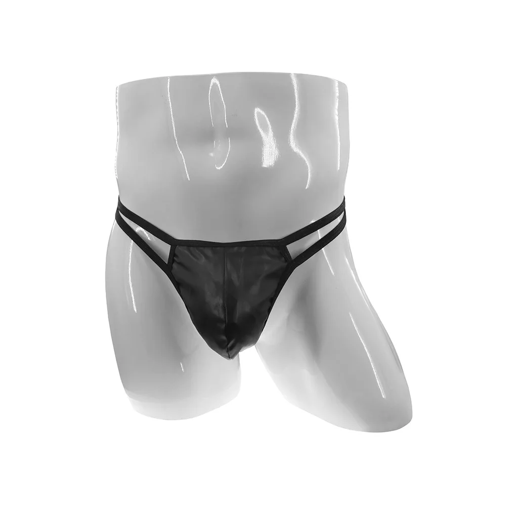 Men's Shiny Faux Leather Thong, Double Strap Low-Rise T-Back Underwear