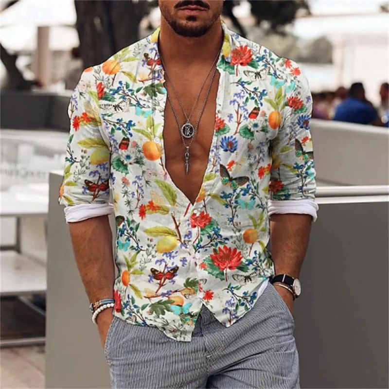 Men's fresh floral butterfly 3D printed long sleeved shirt, Hawaiian beach vacation lapel button cardigan top
