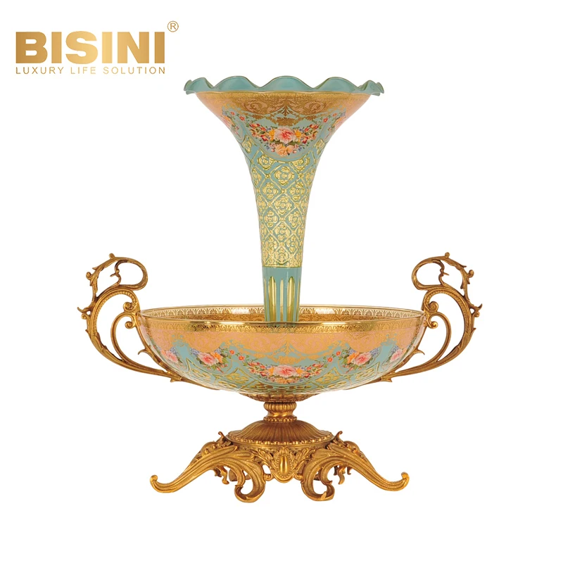 French Blue-green Copper with Colored Glass Vase Living Room Accessories Light Luxury Villa Entrance Floor Standing Glass Vase