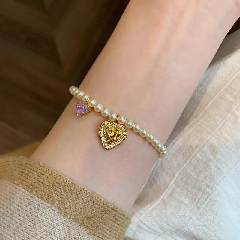 

Retro high-end pearl crushed ice heart-shaped inlaid diamond bracelet luxury inlay purple diamond braceleta wedding jewelry