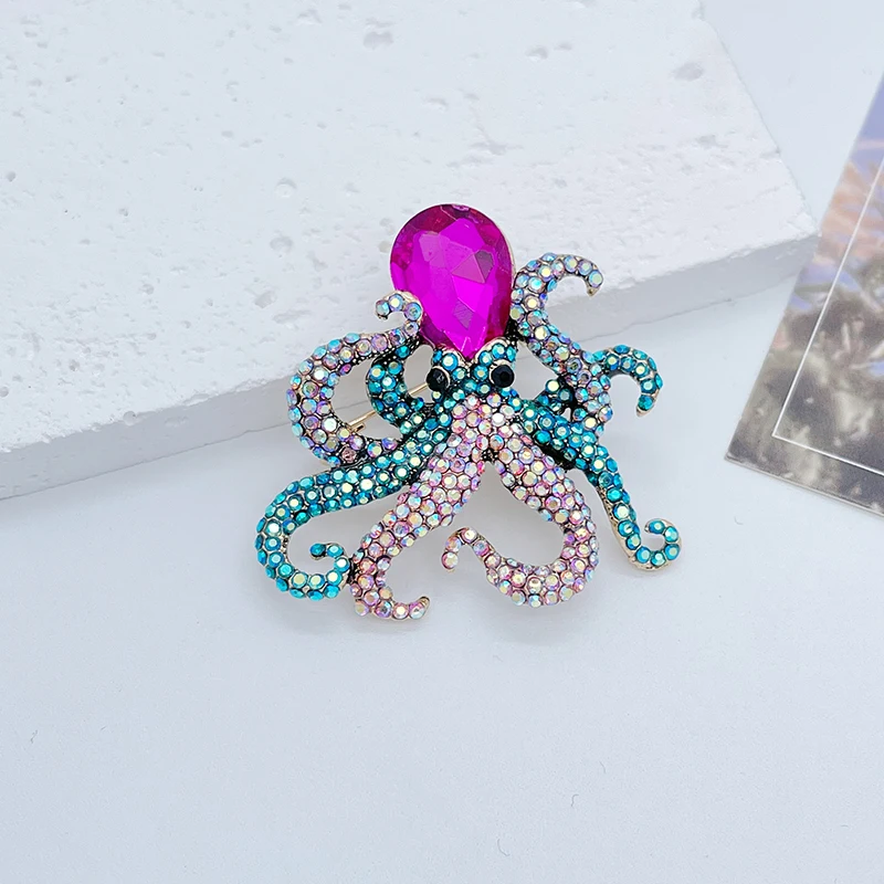EASYA Cartoon Animal Octopus Squid Crystal Metal Brooch Luxury Charm Jewelry Vintage Prom Party Dress Decoration