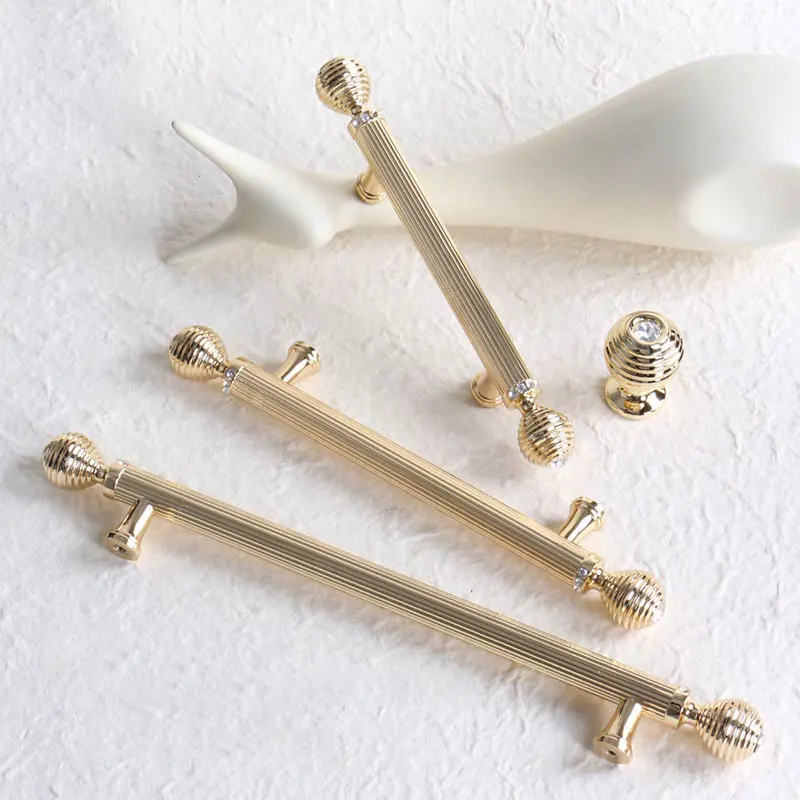 Bright Gold European Cabinet Handles Crystal Drawer Round Knobs Luxury Bedroom Wardrobe Pulls Zinc Alloy Furniture Hardware