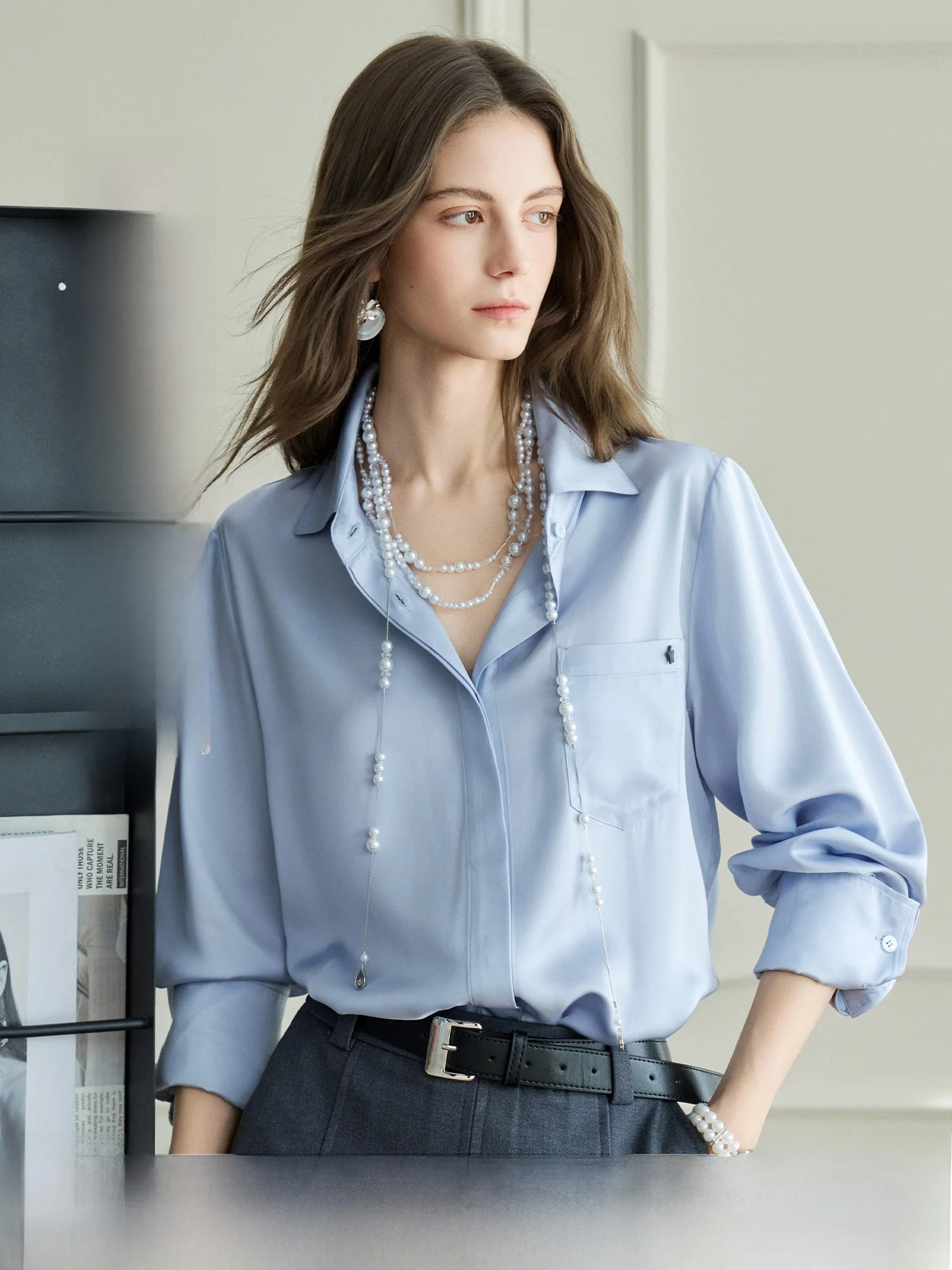 

NAGUAGU Pumpkin Valley Women's Loose Long Sve irt Glossy Viscose Fiber Commute Spring Breathable Pure Color Button up