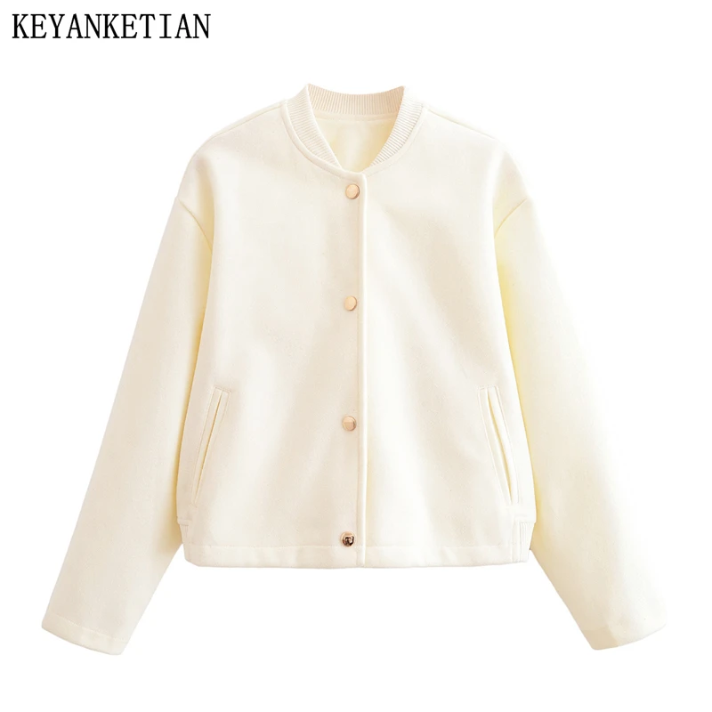 

KEYANKETIAN Autumn New Women's Clothing Metal Single Breasted Simple Stand up Collar Baseball Jacket Short Jacket Women Coat