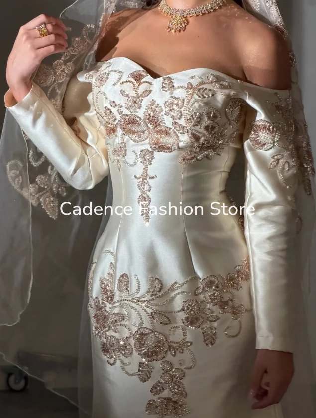 Dubai Off Shoulder Mermaid Wedding Gown Champagne Gold Lace Beaded Embroidery Modest Bridal Formal Evening Dress Customized