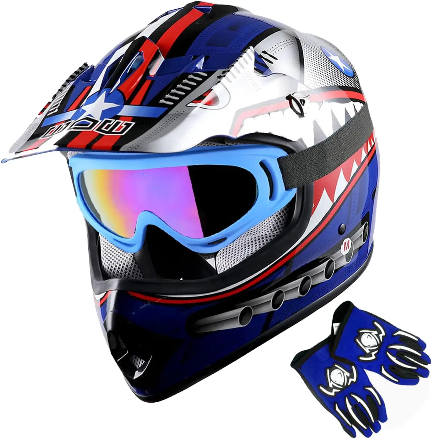 

Youth Motocross Helmet Kids Motorcycle Bike Helmet Shark Blue + Goggles + MG Youth Blue Glove Bundle