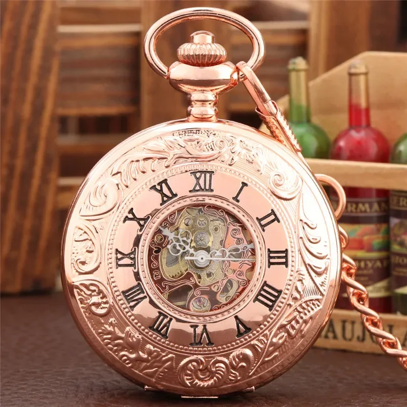 Vintage Rose Gold Roman Number Cover Men Women Handwinding Mechanical Pocket Watch Skeleton Dial with Pendant Fob Chain Gift