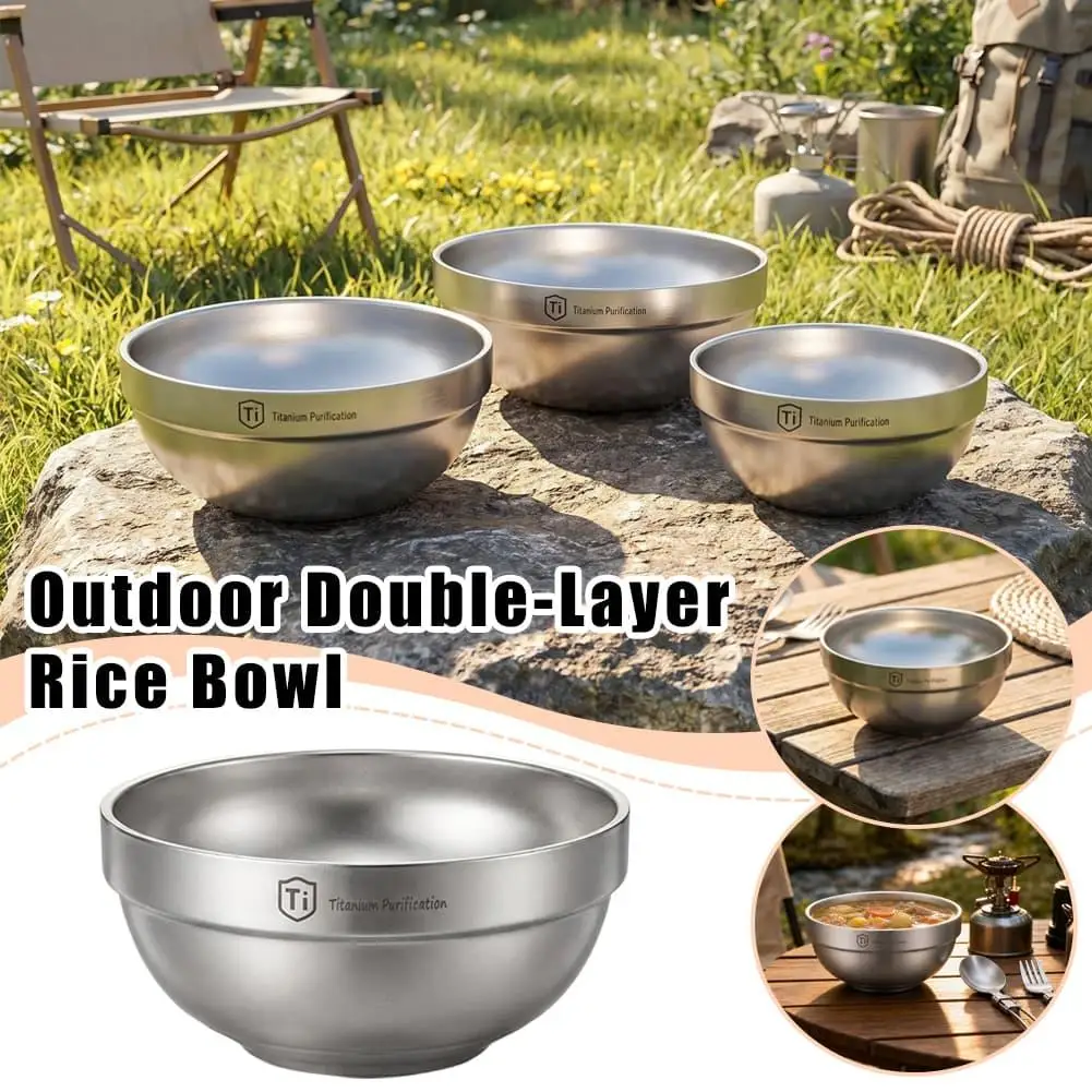 Pure Titanium Camping Bowl Double‑Layer Anti‑Scald Lightweight Outdoor Bowl Travel Tableware for Backpacking Picnic Equipment