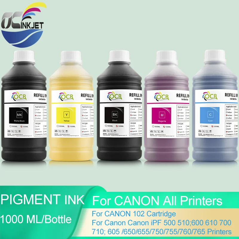 1000ml Pigment Ink For Canon 102 for Canon iPF 500 510 600 610 700 710 605 650 655 Printer Refill Ink Free Shipping 5 Colors