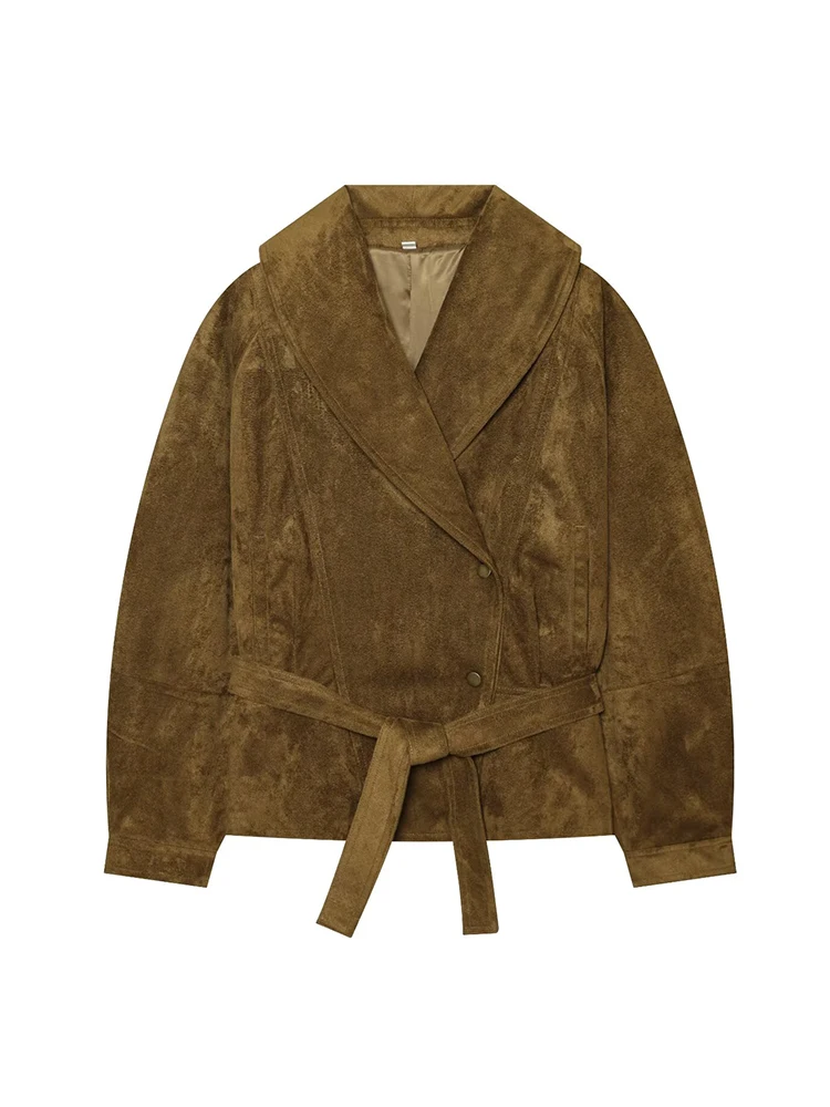 2026 Women Suede Lapel Jacket With Belted Cropped Long Sleeve Fashion Retro Outwear Fashion Ladies Office Street Solid Coat