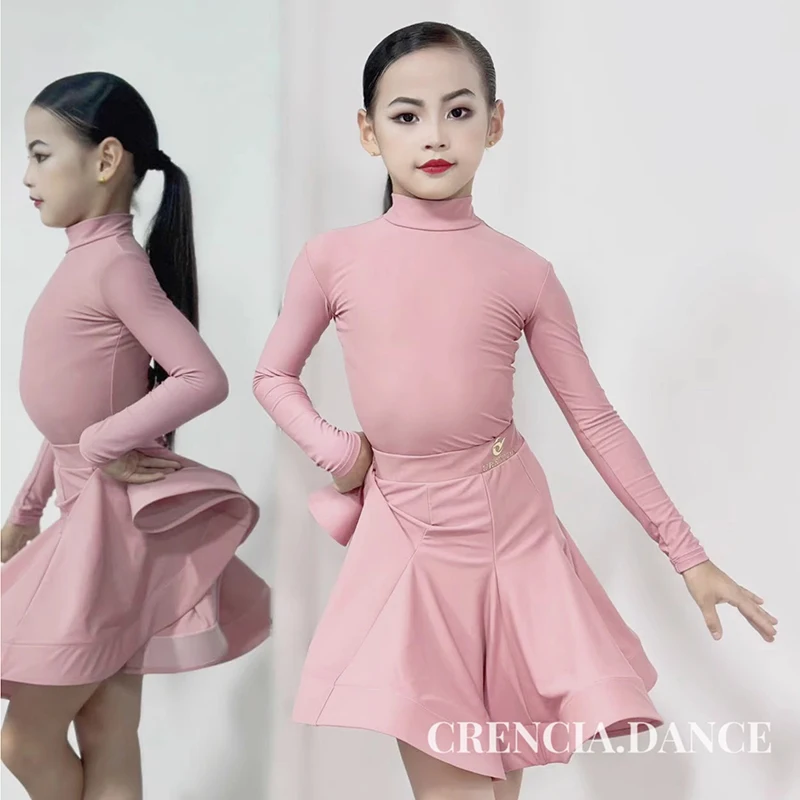 

New Girls Latin Dance Clothes High Collar Long Sleeves Fishbone Hem Professional Latin Competition Dress Practice Wear DNV22950