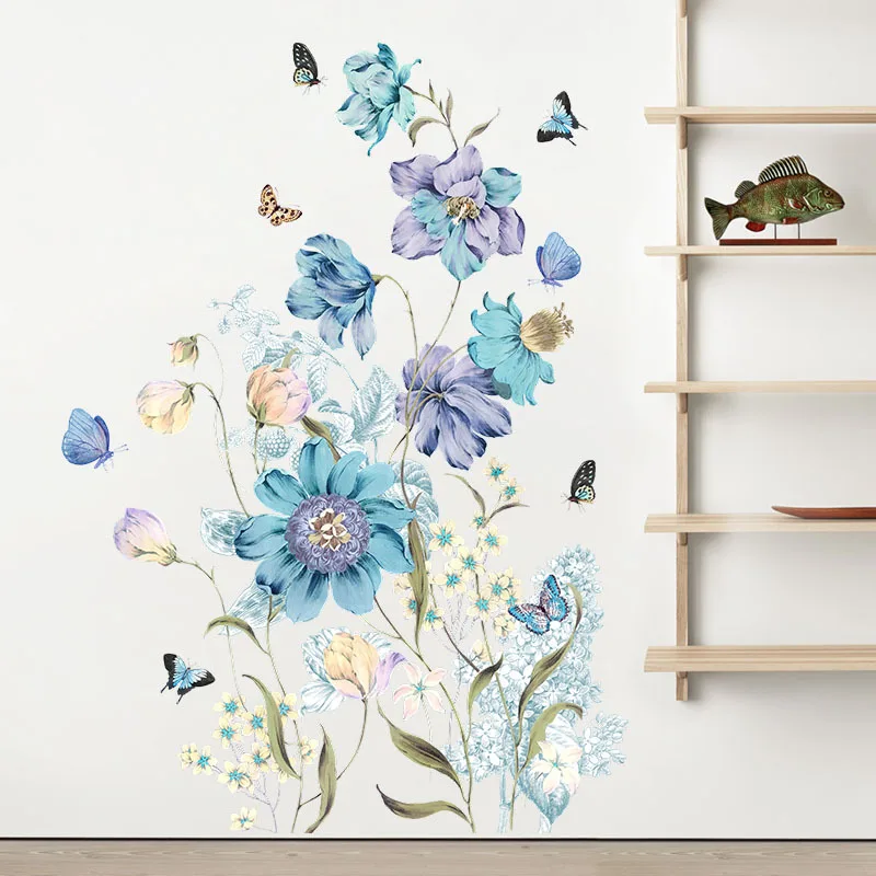 

Painted Blue Flower Butterfly Wall Sticker Living Room Bedroom Background Decoration Wallpaper Home Decor Self-adhesive Decals