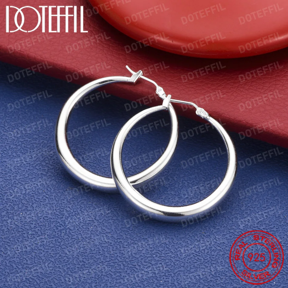 925 Sterling Silver 35MM Glossy Thick Hoop Oval Earrings for Women Fashion Wedding Jewelry Party Gift Accessories