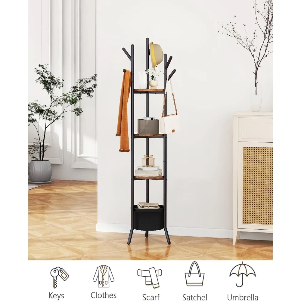 رف معطف قائم بذاته مع 3 أرفف خشبية وتخزين سلة قماشية، شجرة قاعة بإطار معدني