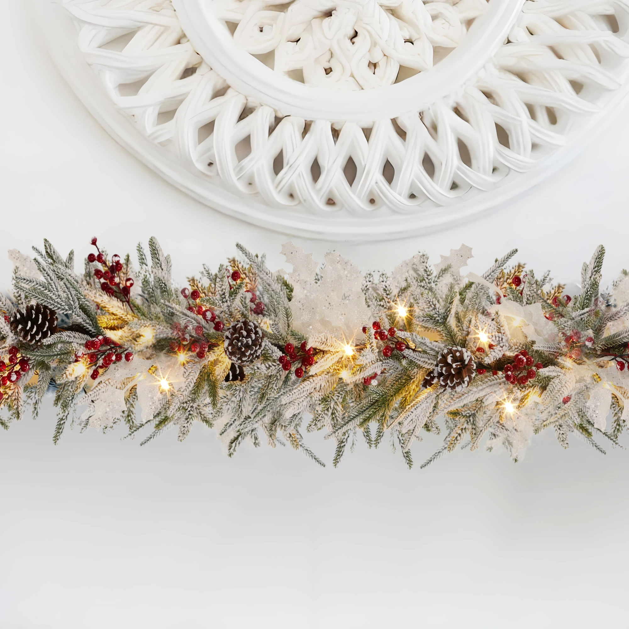 6ft Pre-Lit Christmas Garland - 20 LED Lights, 8 Modes - Real Touch Frosted Pine Greenery with Pine Cones, Red Berries & White Leaves for Mantel, Fireplace, Stairs, Porch Decor - view 6