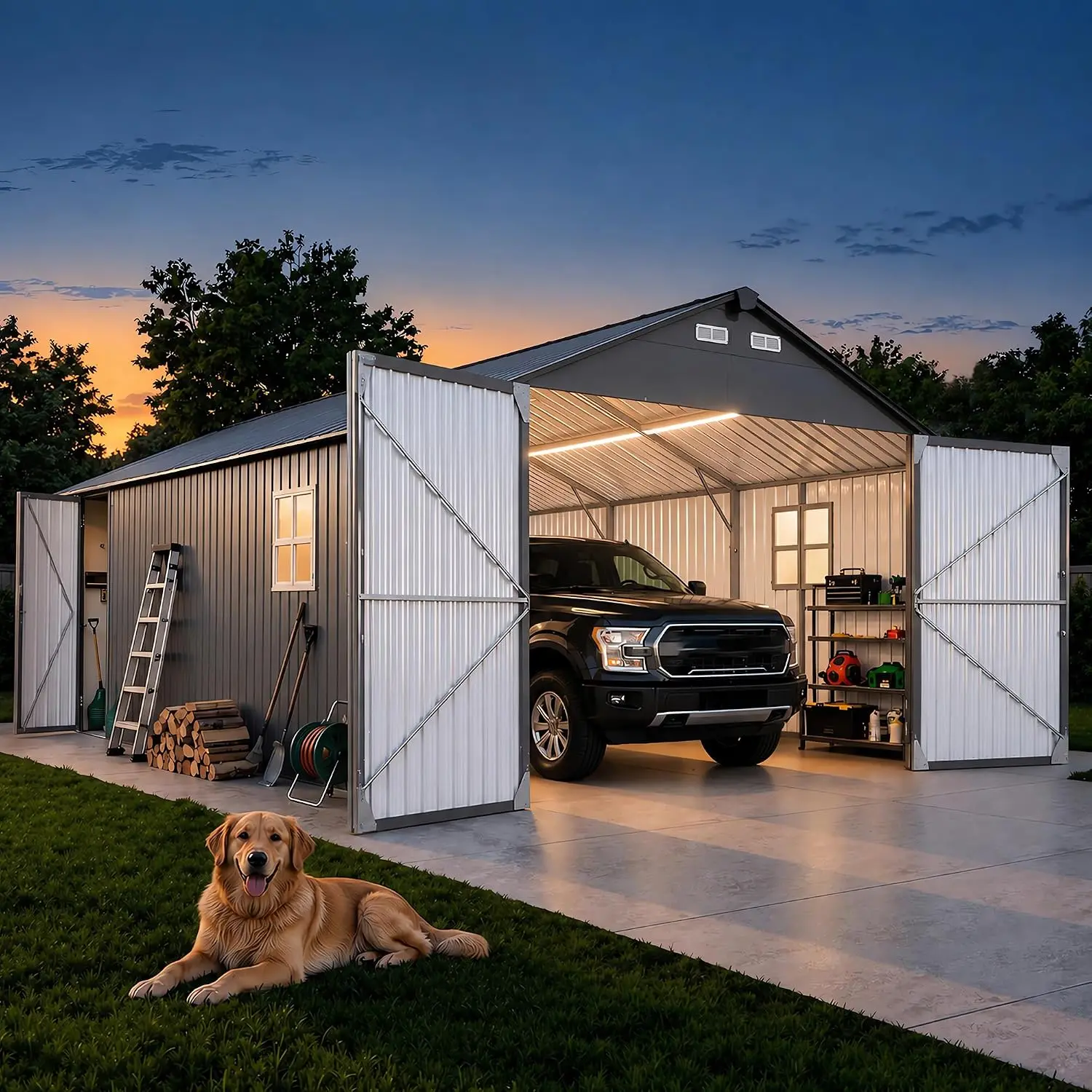13x20x9.5 FT Outdoor Metal Garage, Enclosed Carport with Solar Light Bars, Customized
