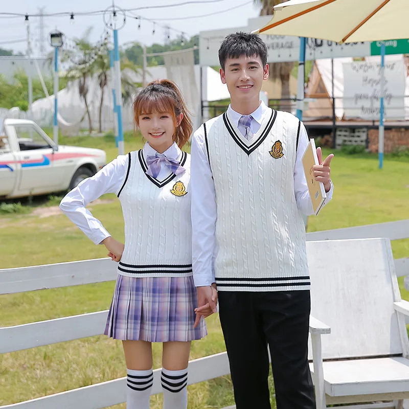 C046 Middle School Students Uniform Korean Version of British College Jk Skirt Cotton Knitted Vest Suit