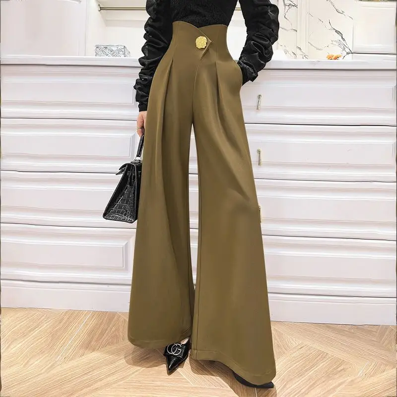 Pantaloni eleganti a vita alta primavera autunno pieghe abbigliamento femminile decorazione tridimensionale pantaloni a vita larga con giunture di base