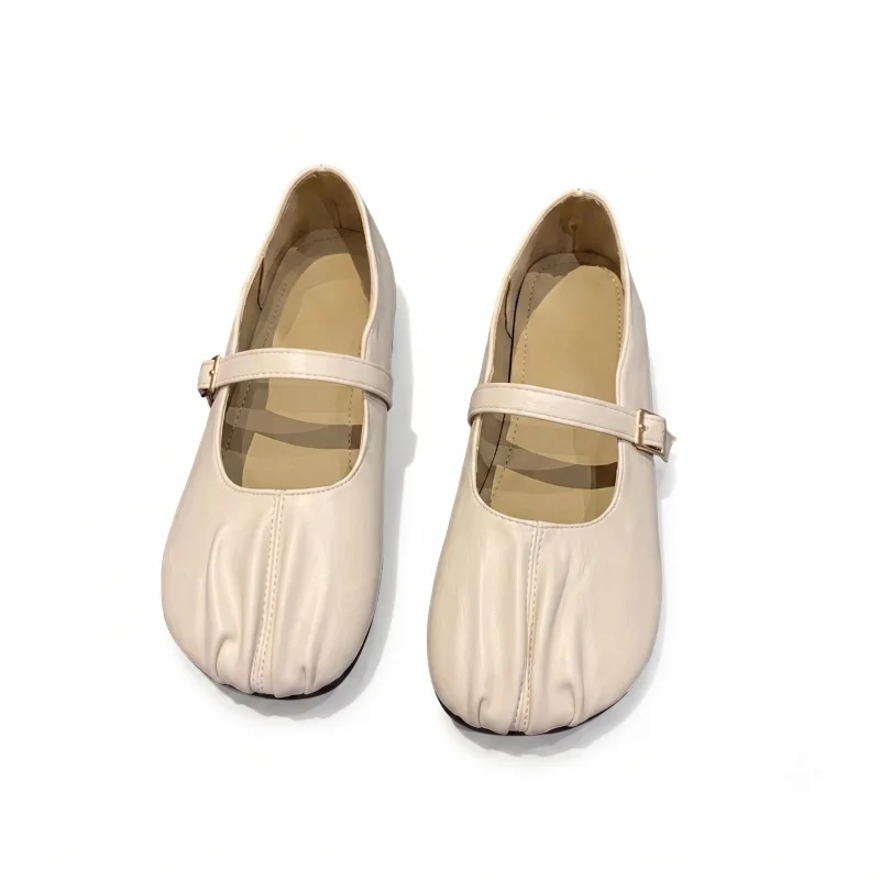Zapato Merceditas Vintage de Cuero Suave para Mujer Mocasines Planos Plegados con Hebilla Punta Redonda Bailarinas Cómodas Zapatos de Paseo Casuales Calzado Elegante de Primavera