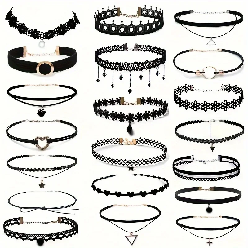 20pcs/set Vibrant Gothic Choker Necklace Set - Soft Velvet & Delicate Lace Collar Designs - Fashionable Jewelry