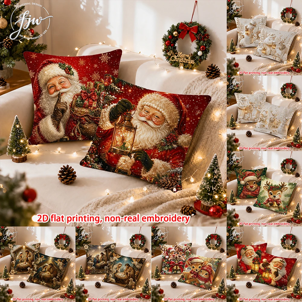 2pcs  Christmas Throw Pillow Covers Set of 2 Vintage Santa Reindeer Xmas Decorative Cushion Cases for Sofa Couch Bed