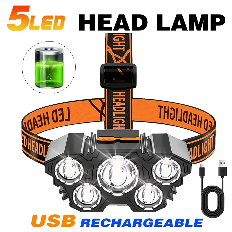 

5 LED Flashlight Rechargeable with Built in Lithium Battery Strong Head Light Camping Adventure Fishing Cycling Headlamp