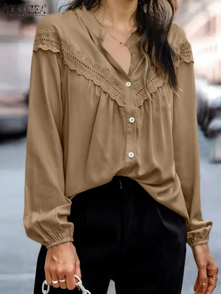 ZANZEA Elegant Women Lace Patchwork Shirts Fall 2024 Casual Long Sleeve O Neck Button Up Solid Color Camisas Streetwear Blouses