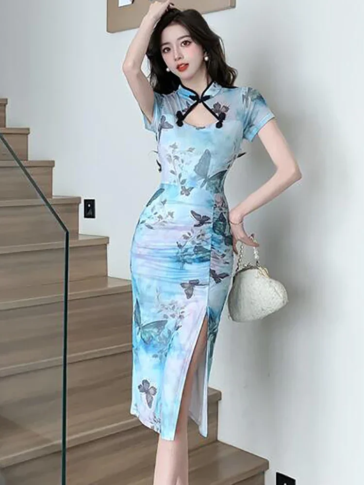 Robe d'été élégante et décontractée pour la maison, tenue de soirée moulante coréenne, en maille bleue, motif Floral, ajourée, mi-longue, 2025