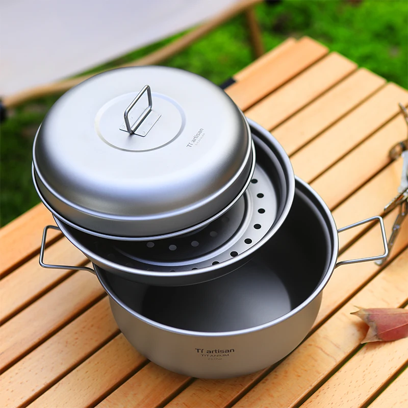 

Outdoor Cookware Titanium Steamer Pot Set 2L Camping Cooking Steamer