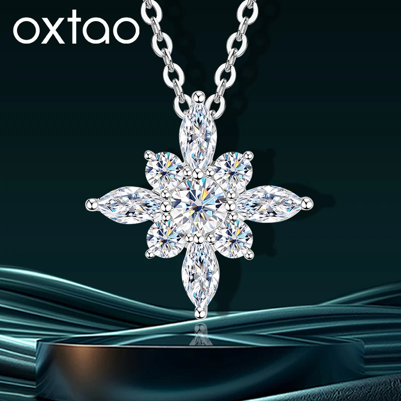 OXTAO Snow Star Moissanite Pendant Necklace 4mm D VVS1 For Women 14K Gold Filled Luxury Sparkling Charm Necklace Jewelry Gifts