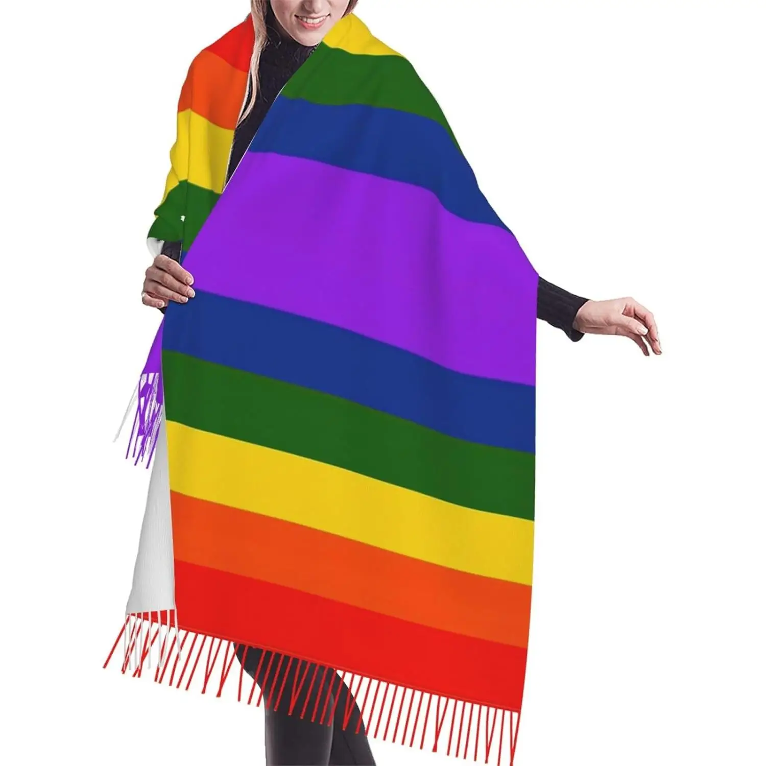 

Шарф с бахромой и радужным флагом, легкий женский модный шарф, мягкая шаль, шарф с кисточками, подарок для подарка, женский весенне-осенний шарф