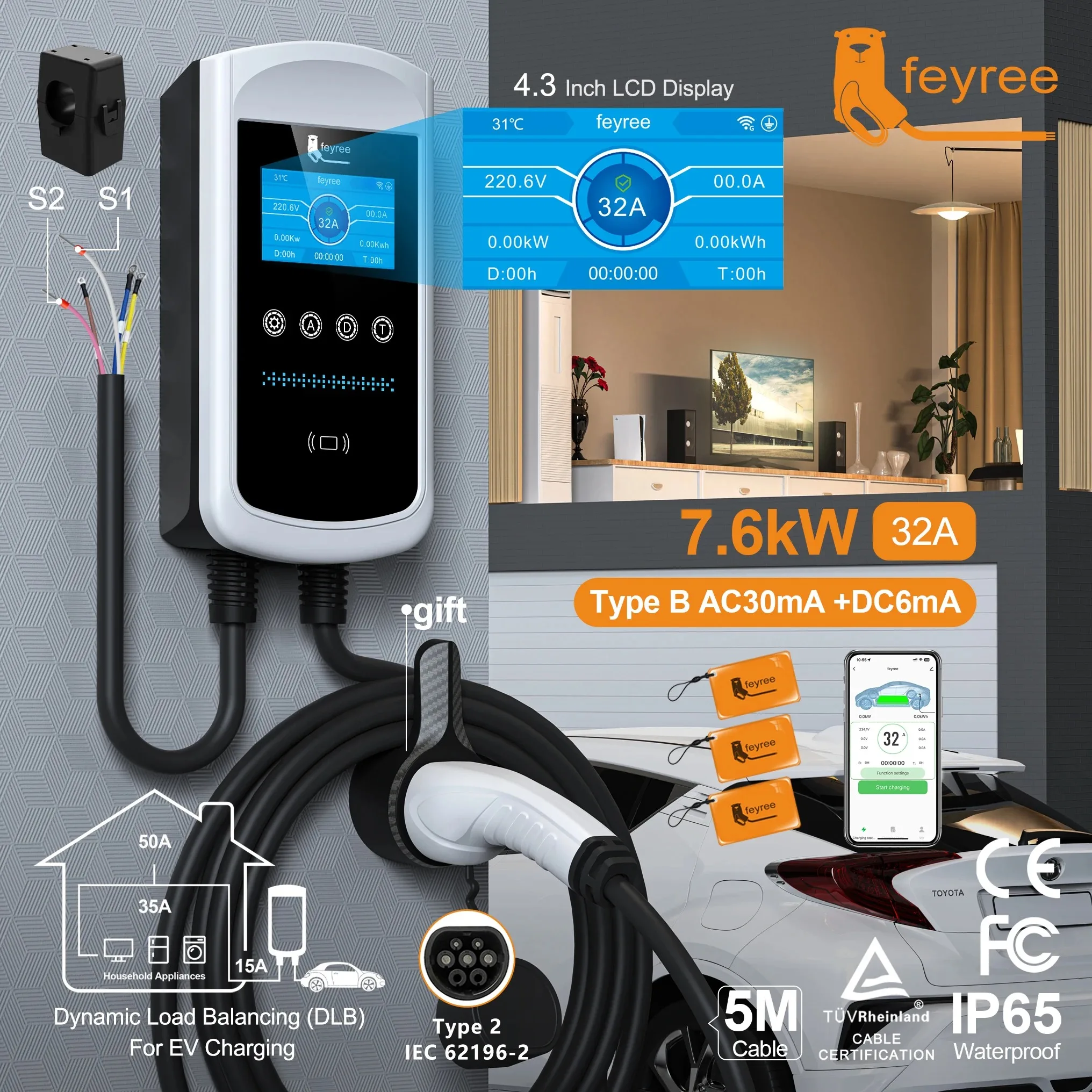 Feyree Type2 Dynamische Load Balancing 11kW 22kW 3P/32A 7kW 1P DLB EV-lader 4,3 inch scherm EVSE wandlader met oplaadlogboek