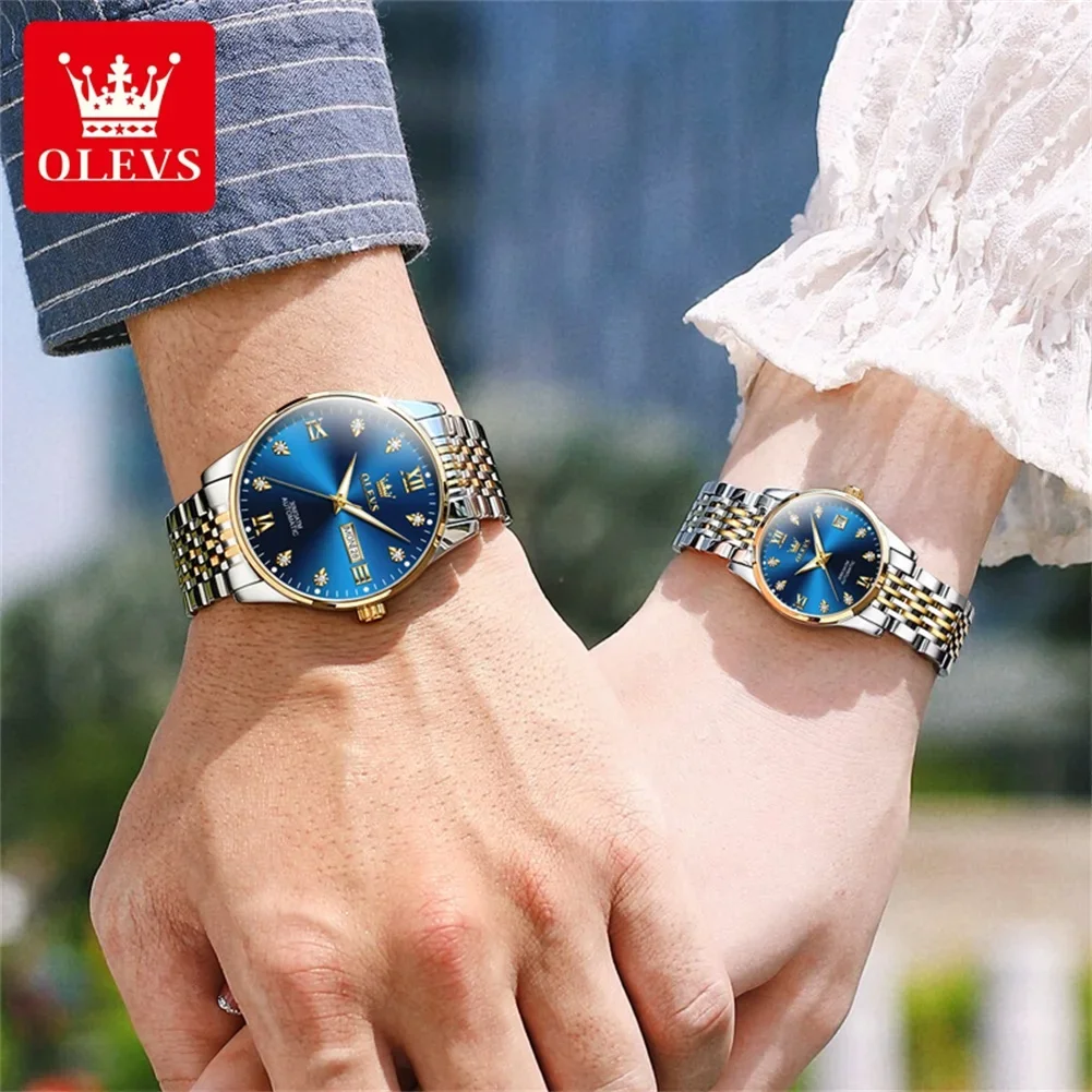 OLEVS-relojes mecánicos automáticos para hombre y mujer, pulsera con correa de acero inoxidable, resistente al agua, 6673