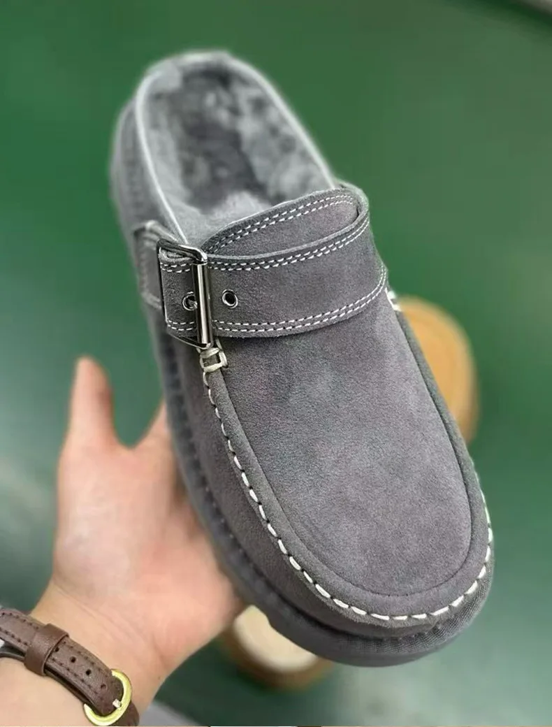 Neue Damen-Schlappen aus Rindsleder und Wolle, Schneestiefel mit Zehenkappe, erhöhte Sohle, warm, stoßdämpfend, dicke Sohle, lässig, für Paare – Detail 10