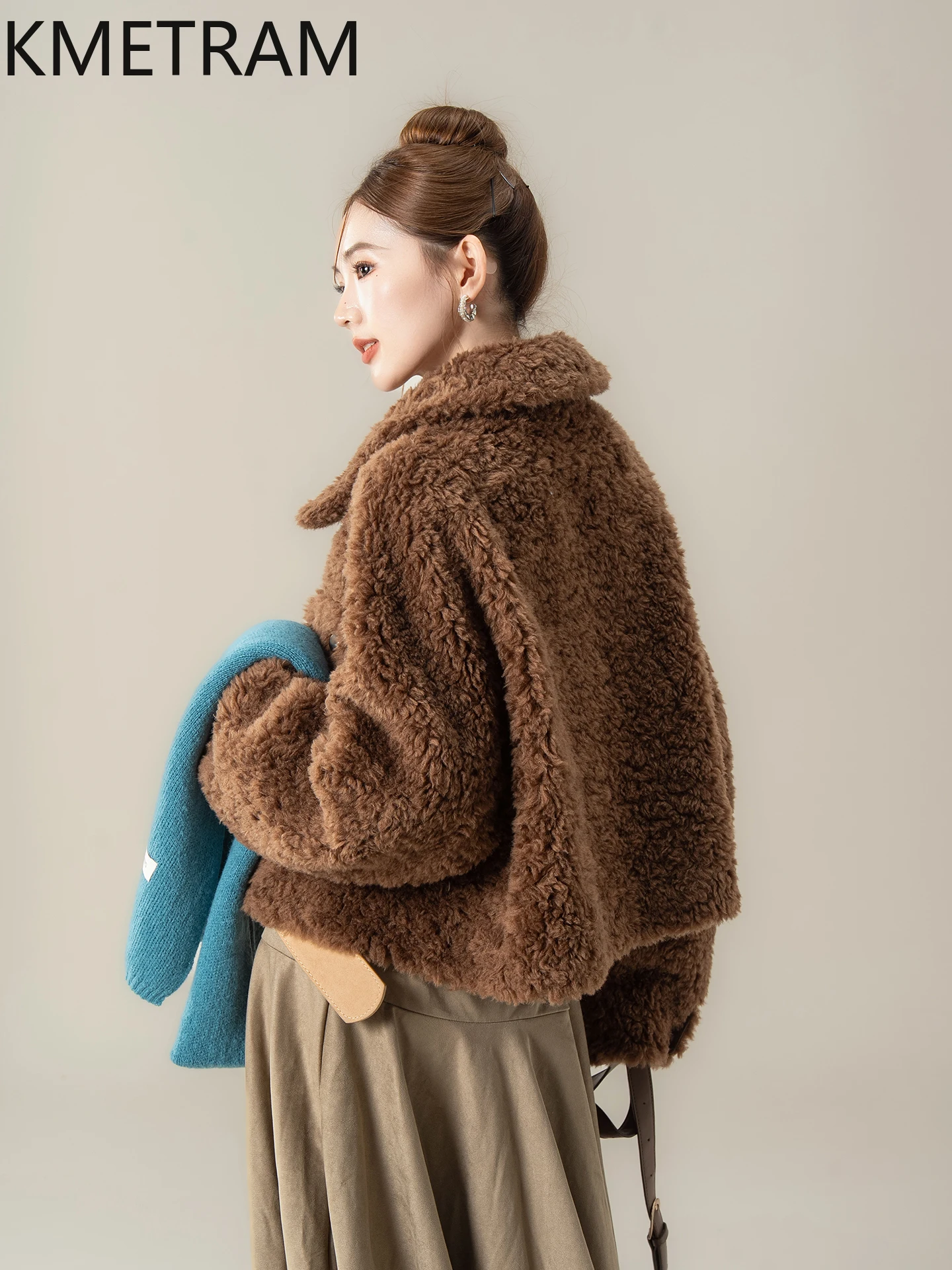 KMETRAME 100% Naturalna Wełna Jednolity Kolor Luksusowy Płaszcz z Futra w Stylu Casual na Sezon Jesień-Zima 2025 Nowości w Stylu płaszcze