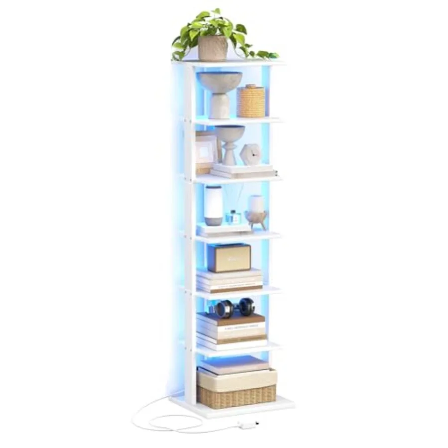 

7-Tier Bookshelf Narrow Bookcase with LED Lights 47.2 Inch Book Shelf for Small Space Display Storage Shelf for Living Room Bed
