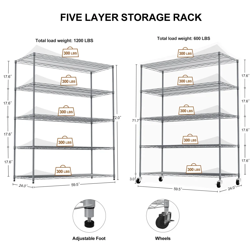 5-tier heavy-duty adjustable shelving & racking, 300 lbs/shelf, with wheels & shelf liners, supermarkets, kitchens.