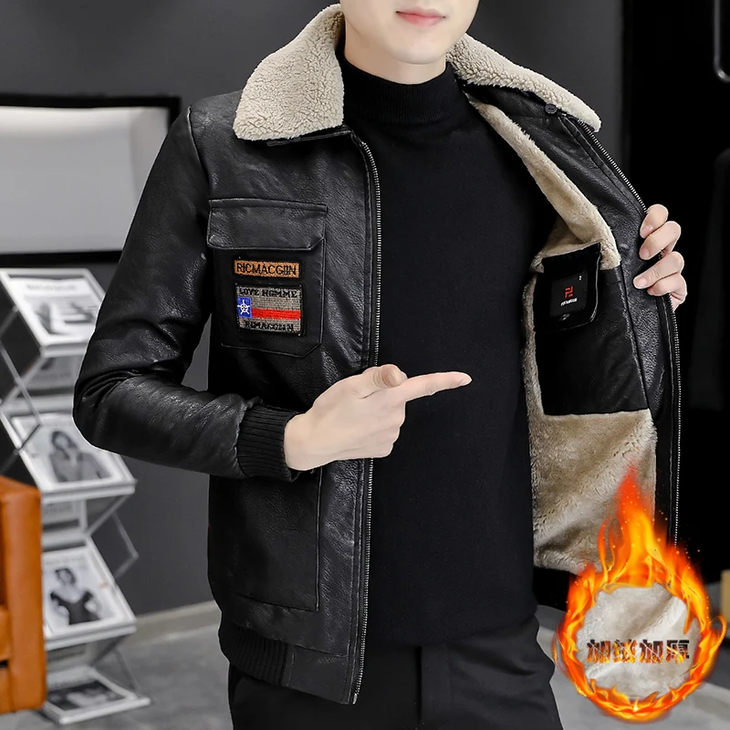 

Осенне-зимняя мужская кожаная куртка высокого класса, брендовая бархатная утепленная уличная модная мужская шерстяная подкладка, теплые пальто