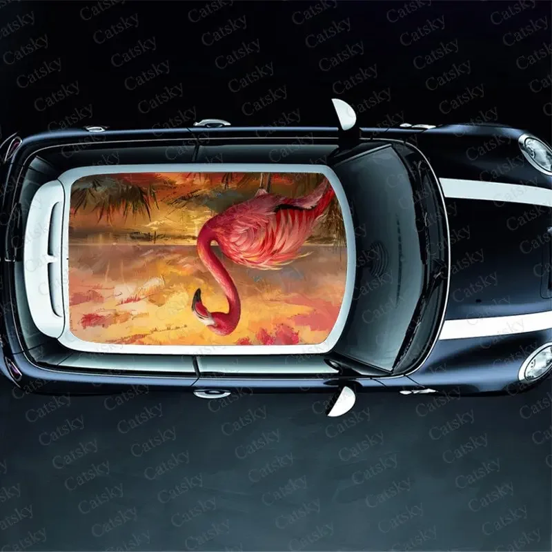 Orange Sunset Flamingo Print Car Roof Sticker Wrap Racing SUV Auto Accessories Packaging PVC Car Hood Graphic Decal Decoration