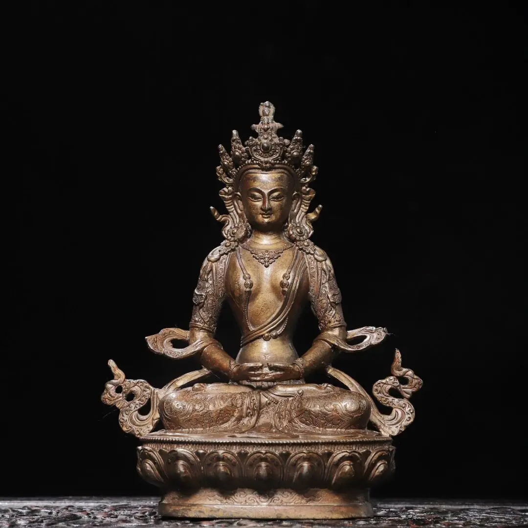 Longevity Buddha Amitayus Pure Brass Antique Gold Plated Tibetan Buddhist Home Temple Desk Decor
