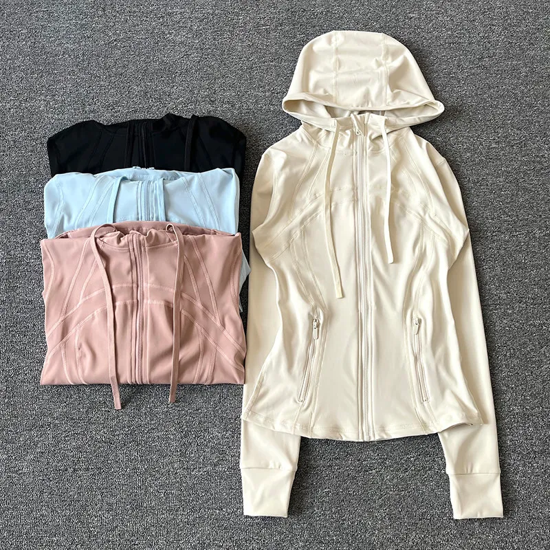 Women Hooded Zip Up Sports Jacket Slim Fit Long Sleeve Yoga Coat Breathable Running Workout Fitness Outerwear