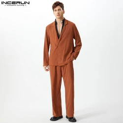 Fashion Casual Sets INCERUN New Men's Long Sleeved Suit Pants Solid All-match Slanted Placket Design Striped Two-piece Sets 2024