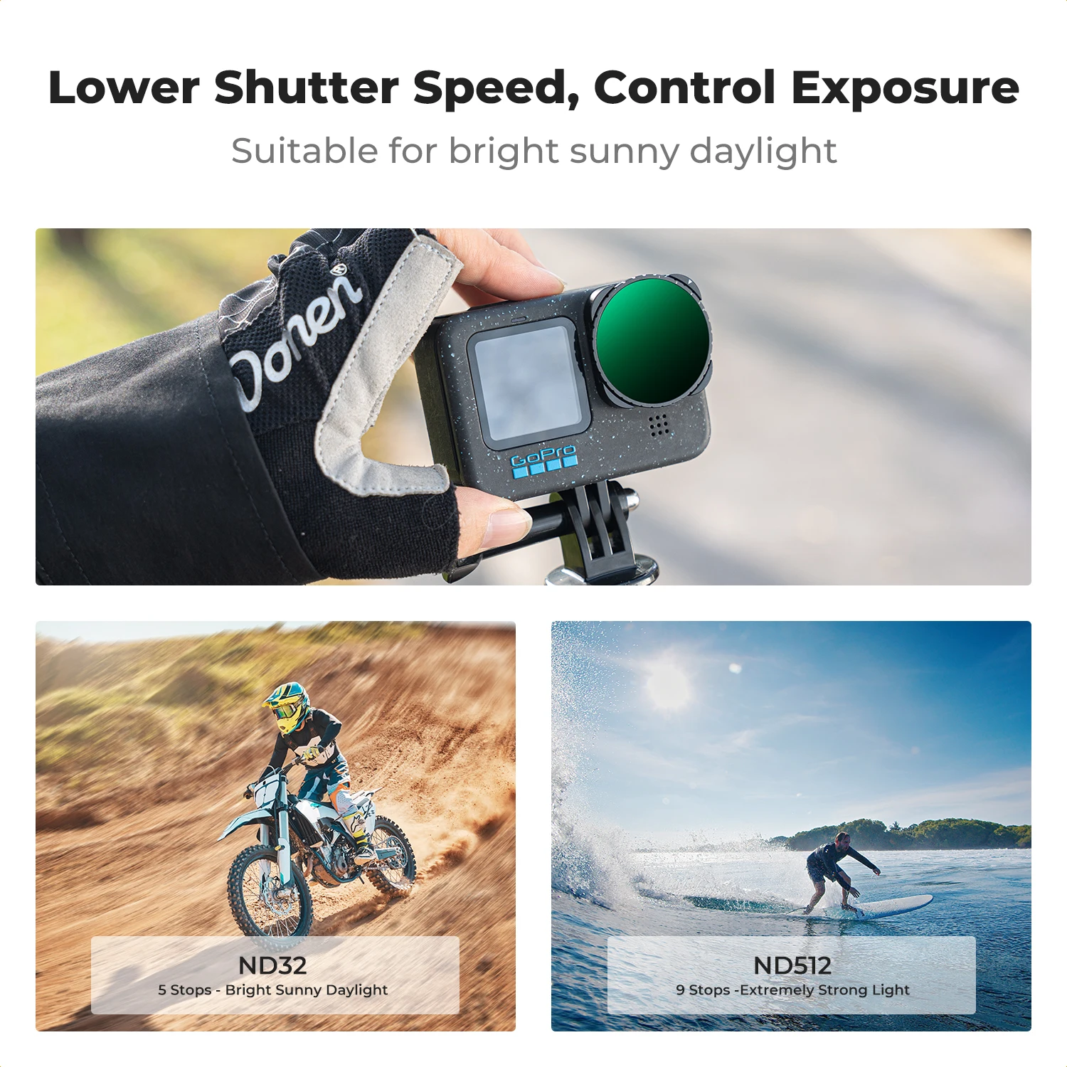 مرشح K&F Concept متغير ND32-512 لـ GoPro Hero 13، مرشح تخفيض الضوء الأسود المحايد للكثافة، زجاج بصري عالي الدقة متعدد الطبقات